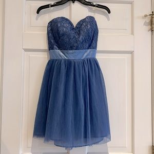 Delia’s Strapless Wedgewood Blue Lace Bodice and Pleated Tulle Skirt with Satin
